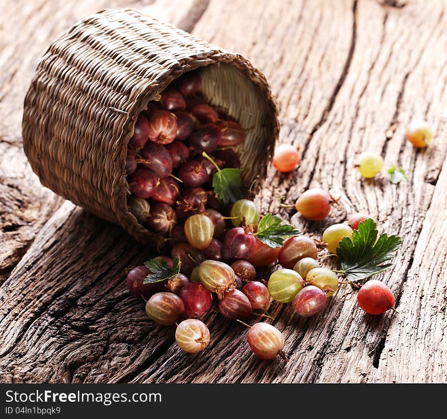 Gooseberries have dropped from the basket on an old wooden table.