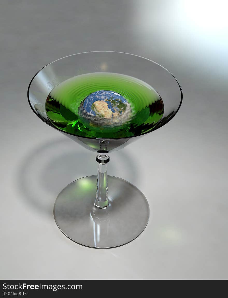 A green drink with the earth floating in it. A green drink with the earth floating in it