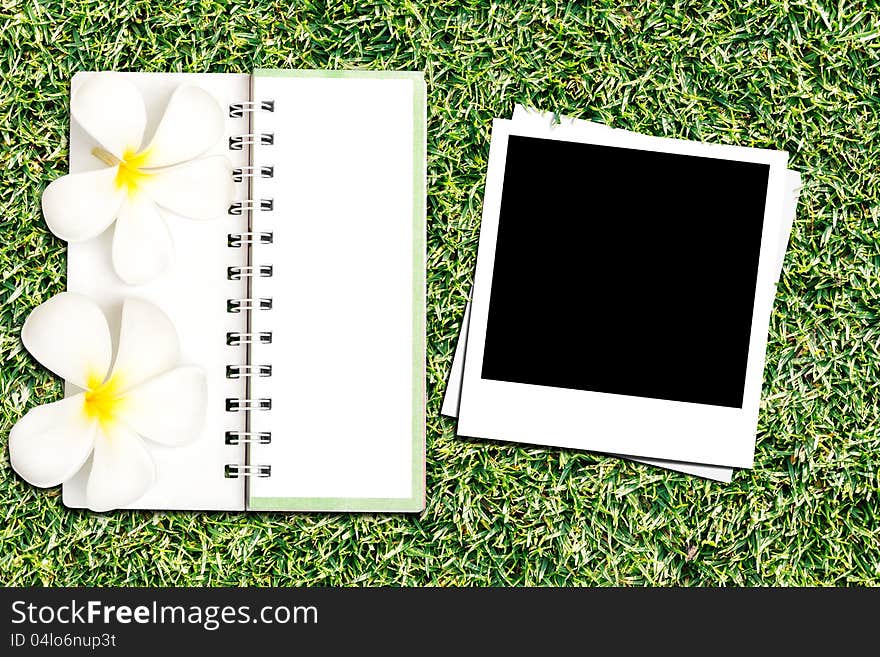 Photo frame and notebook on green grass background