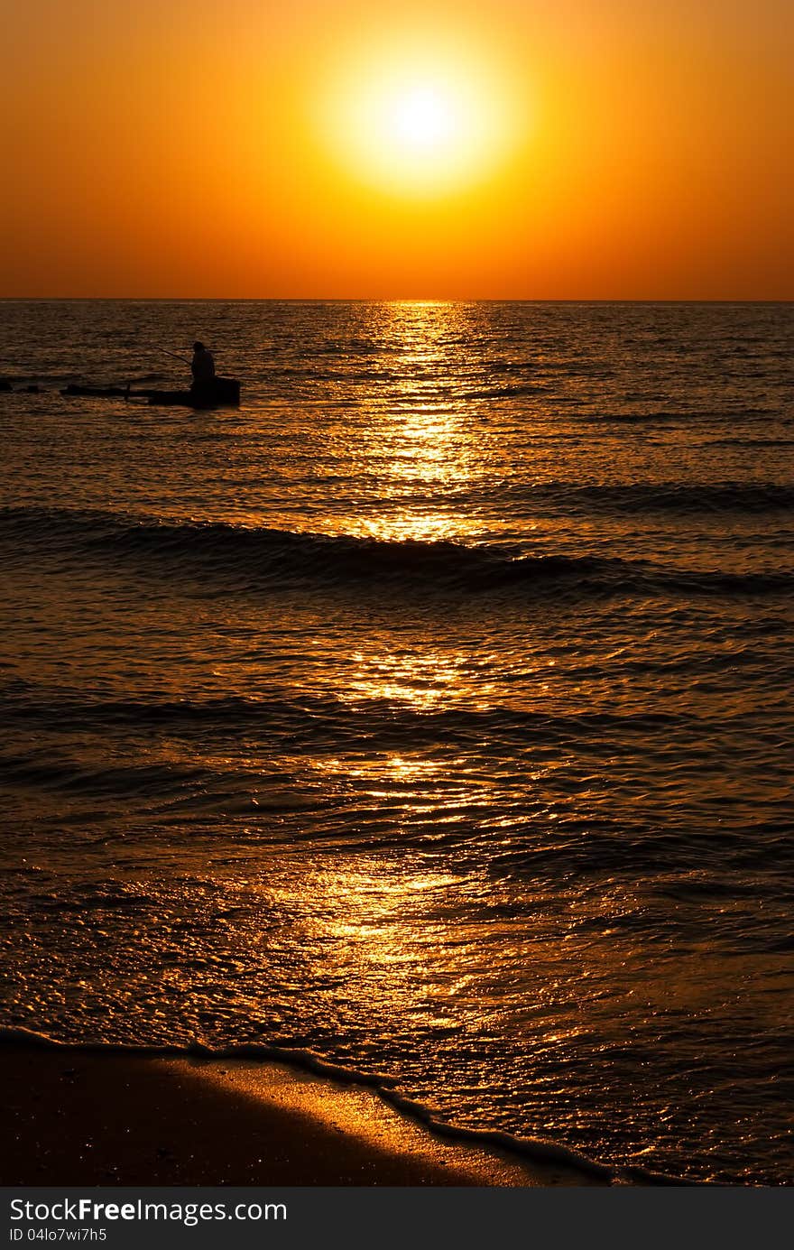 Beautiful seascape with orange warm sunrise, vacation concept