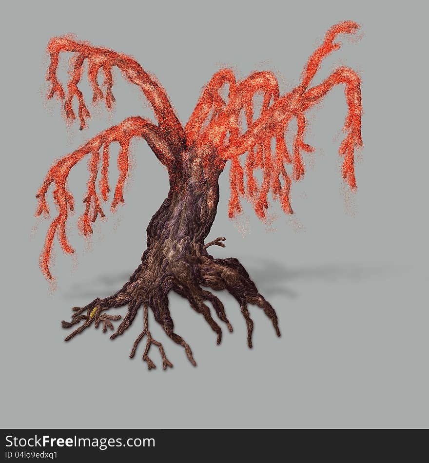 Painted fantasy autumn tree with small red leaves.