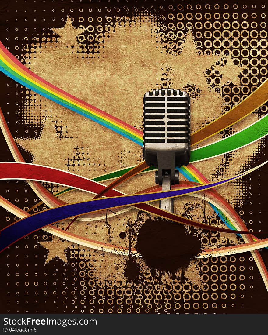 Illustration of retro grunge background with microphone and ribbons. Illustration of retro grunge background with microphone and ribbons.