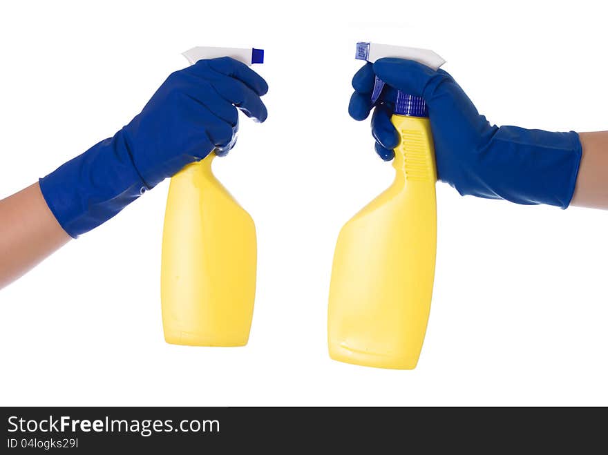 Spray bottle in hand isolated on white background. Spray bottle in hand isolated on white background