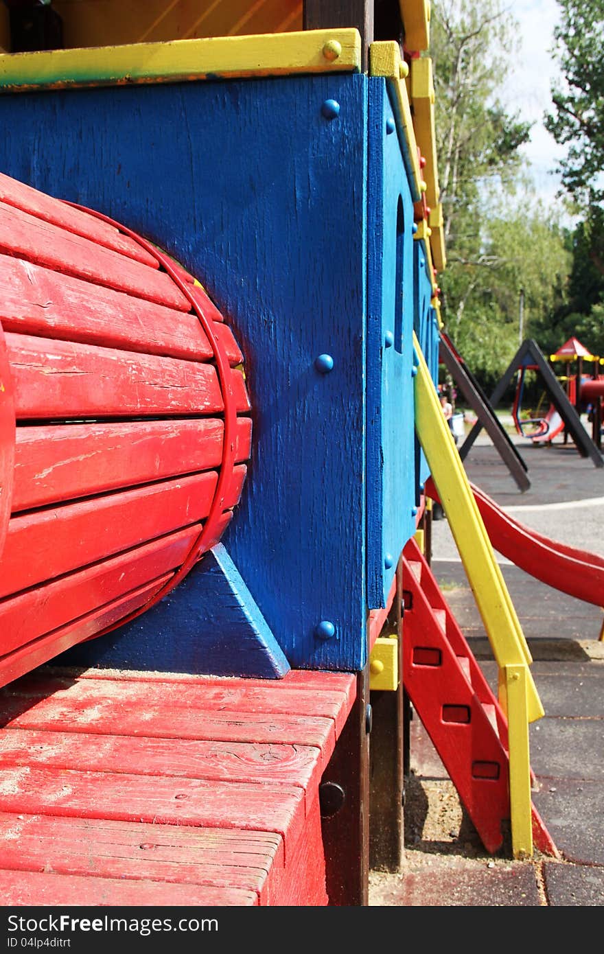 Colorful wooden coaster part of the playground, detail