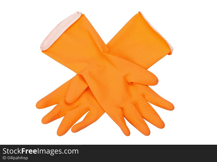 Orange rubber gloves, isolated on white