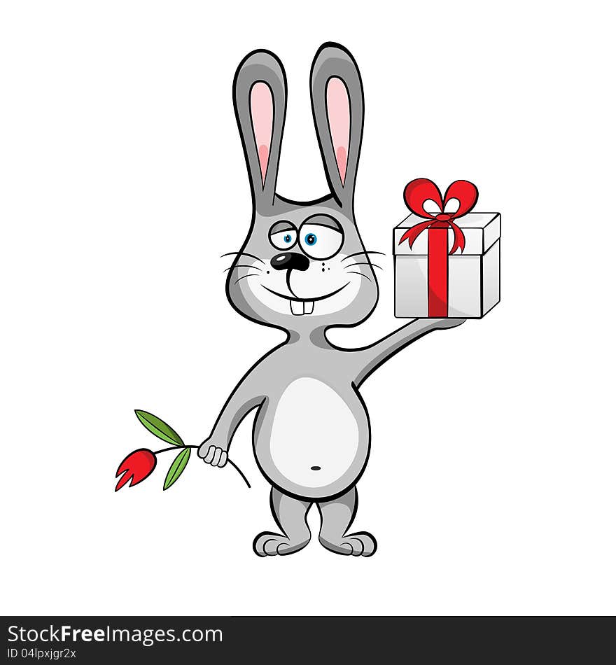 Jackrabbit with giftbox isolated on white backgound. EPS 8 vector illustration.