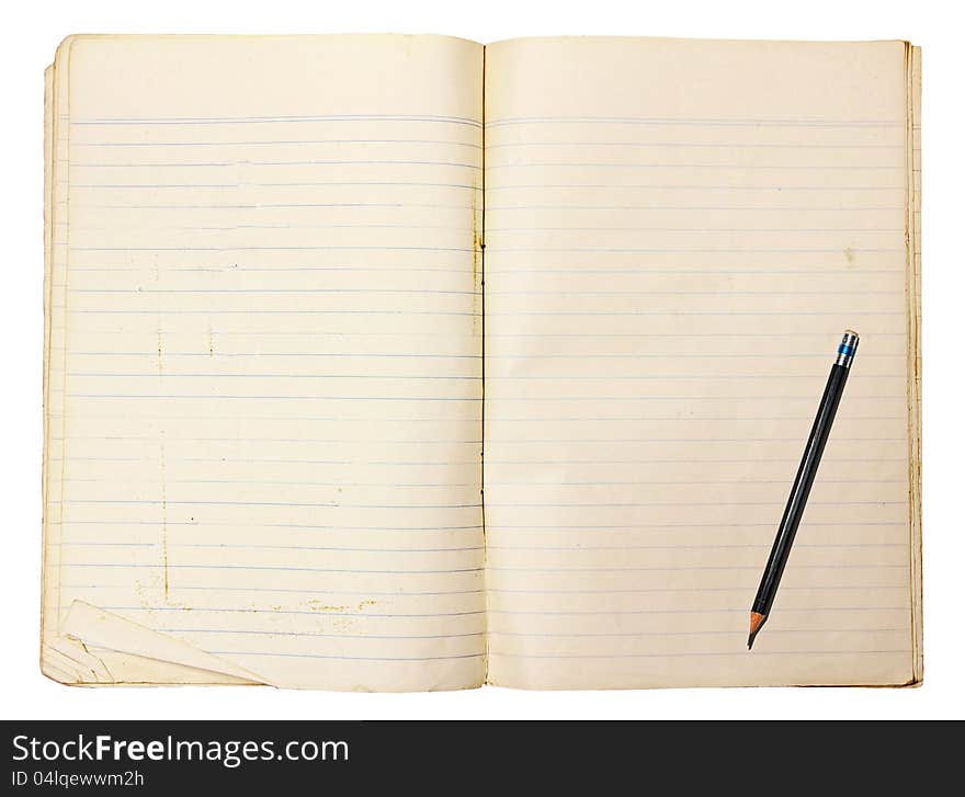 Vintage notebook with line and pencil on white background (Clipping paths)