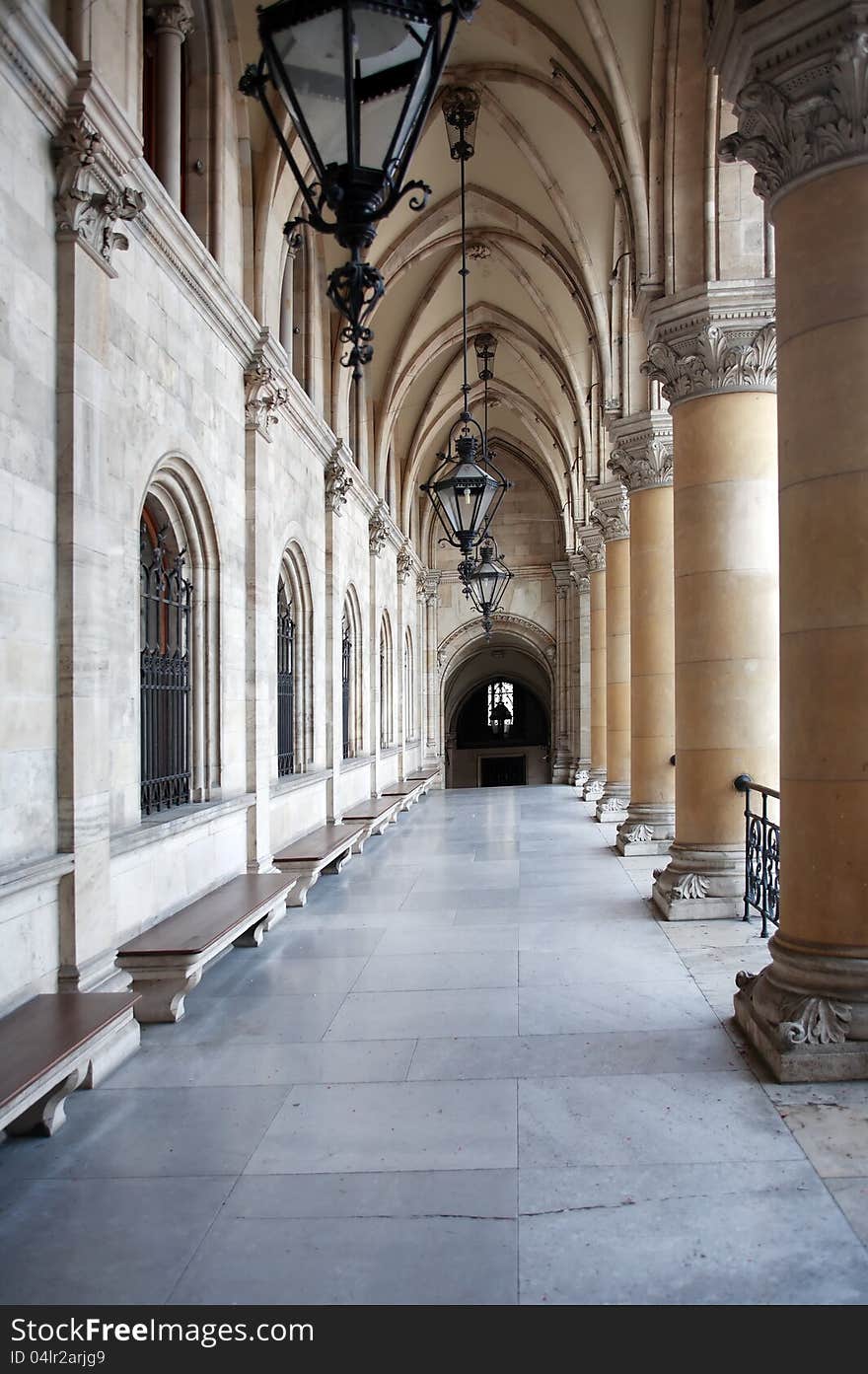 Elegance marble old colonnade with hanging lanterns. Elegance marble old colonnade with hanging lanterns