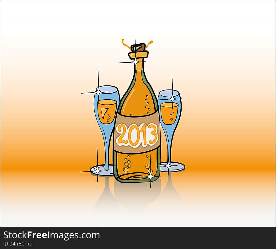 2013 Year Bottle of Champagne and Two Glasses