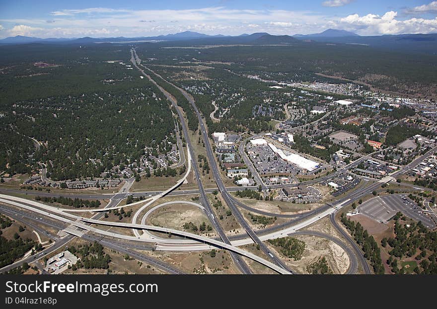 Aerial view of Interstate 17 and Interstate 40 Interchange in Flagstaff, Arizona. Aerial view of Interstate 17 and Interstate 40 Interchange in Flagstaff, Arizona