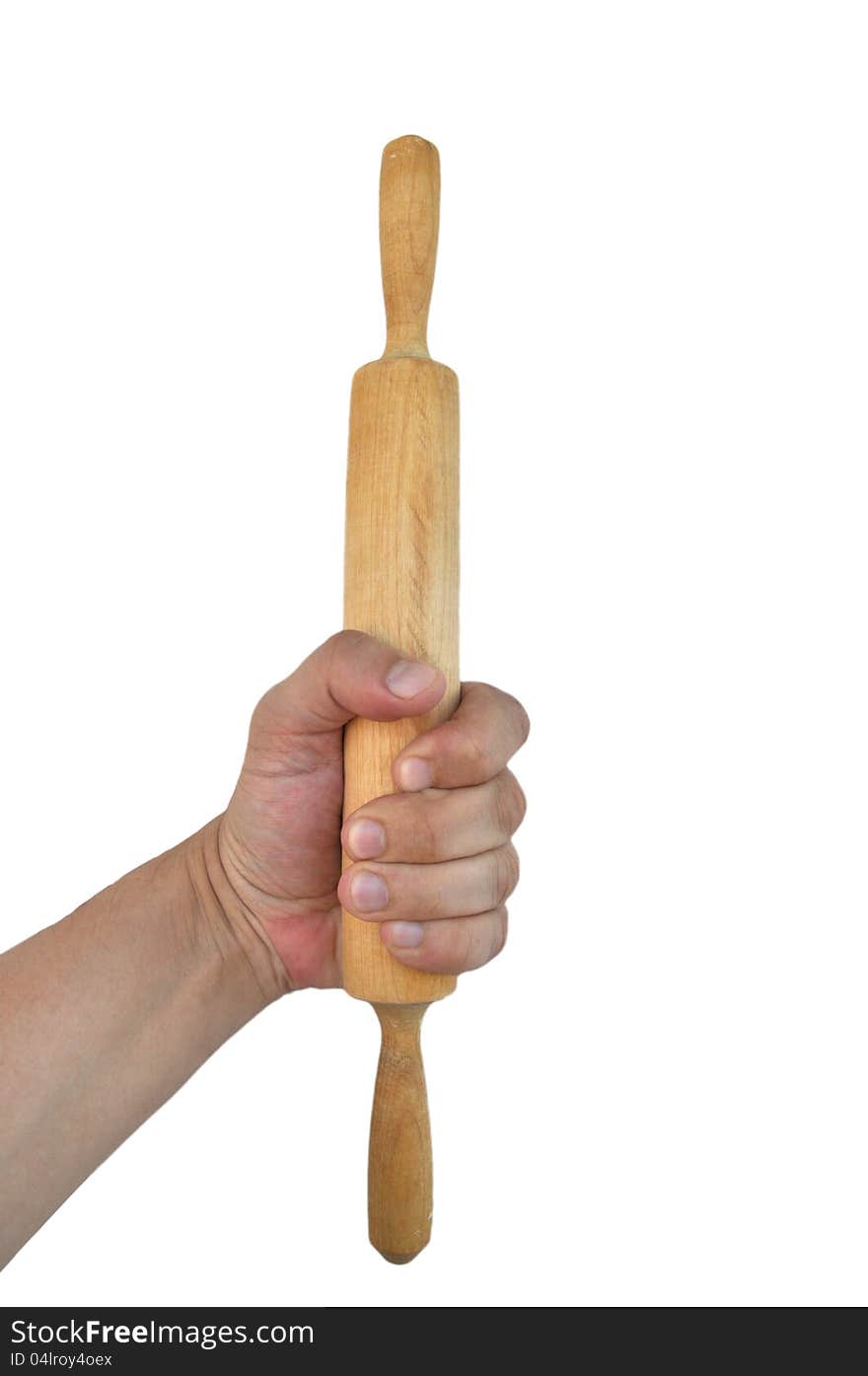 Men hand with wooden rolling pin isolated on white background. Men hand with wooden rolling pin isolated on white background.