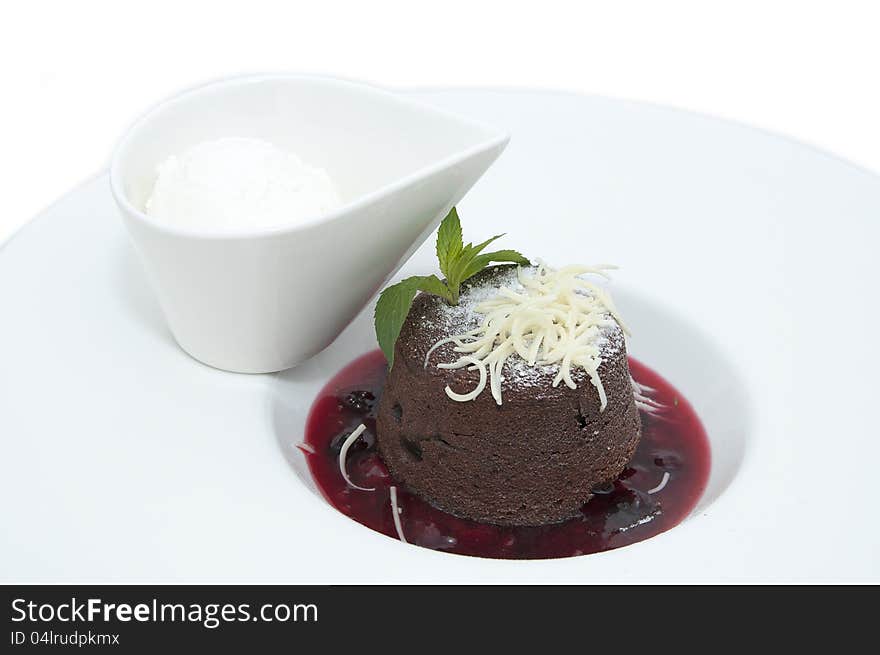 Creamy chocolate desserts and ice cream on a white background