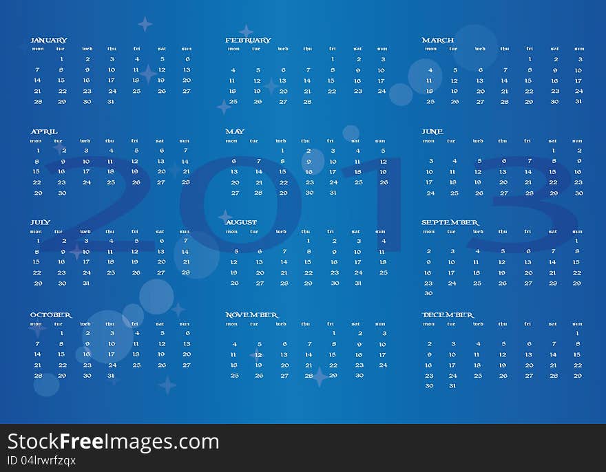 New calendar year 2013 in English. New calendar year 2013 in English