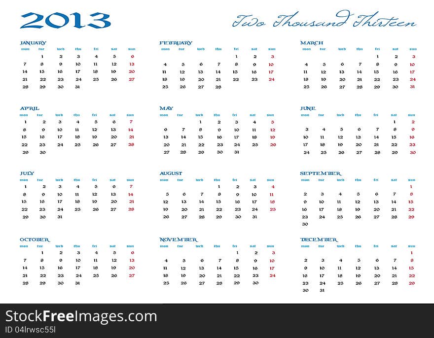 New calendar year 2013 in English. New calendar year 2013 in English