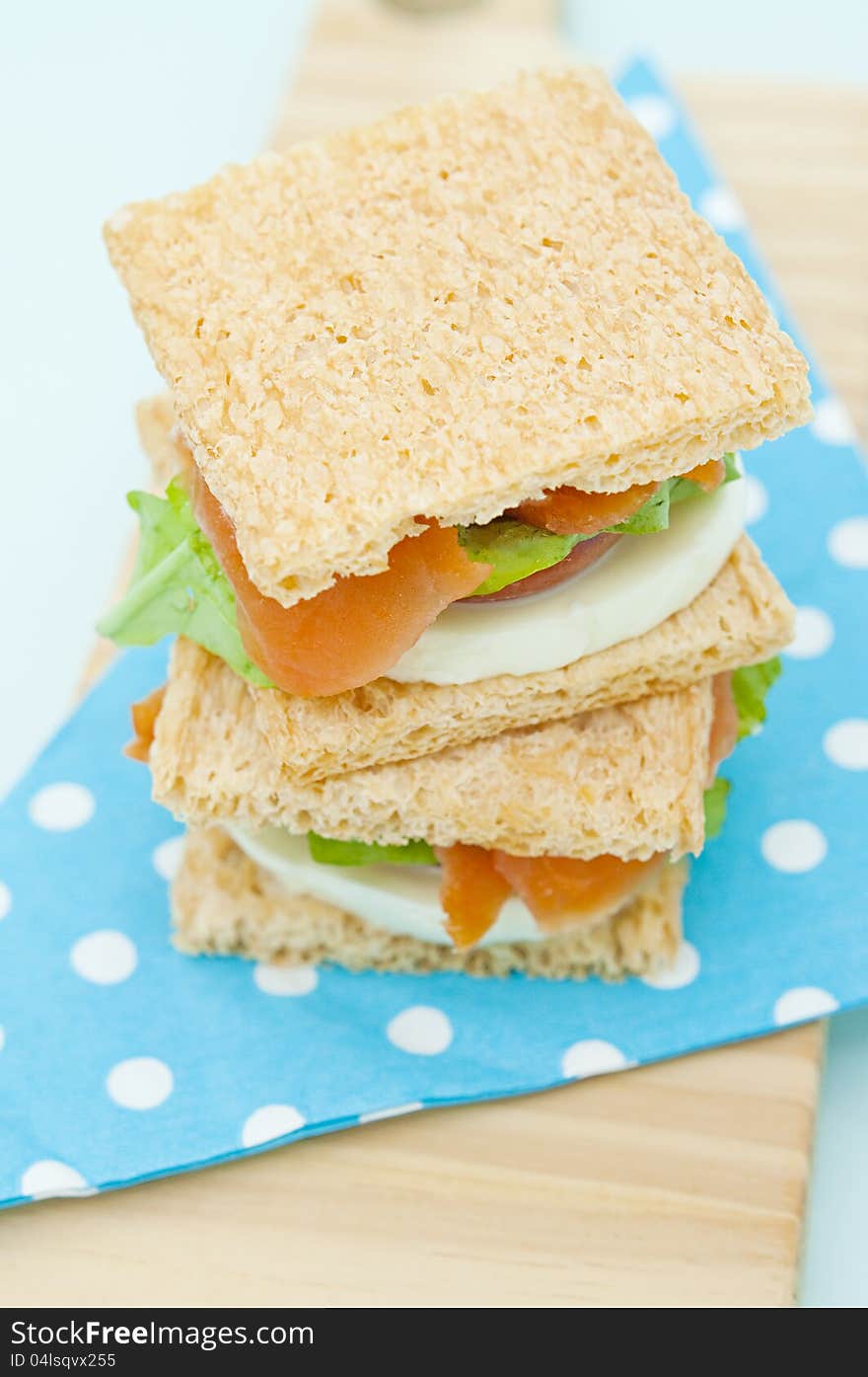 Smoked salmon, mozzarella cheese and tomato cracker sandwich. Smoked salmon, mozzarella cheese and tomato cracker sandwich