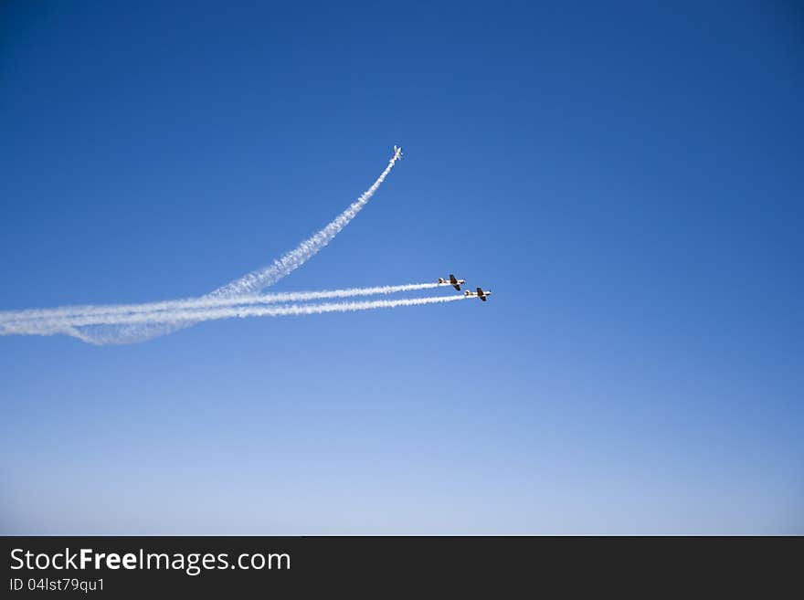 Three airplanes flying in Airshow. Three airplanes flying in Airshow