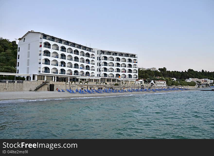 Amon Zeus hotel on the beach in Kallithea resort in Kassandra, Greece. Amon Zeus hotel on the beach in Kallithea resort in Kassandra, Greece