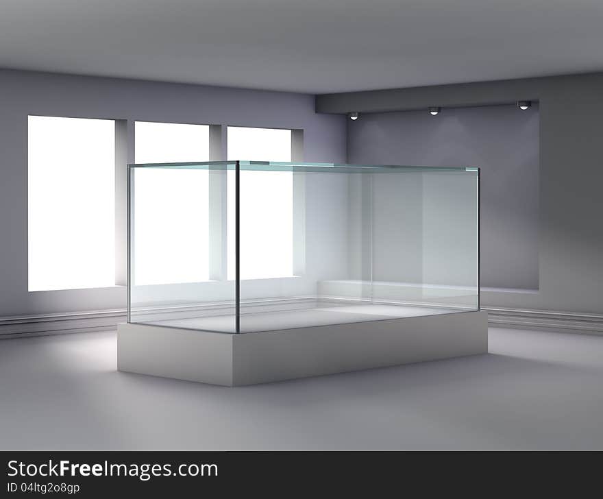 3d glass showcase and niche with spotlights for exhibit in the gallery