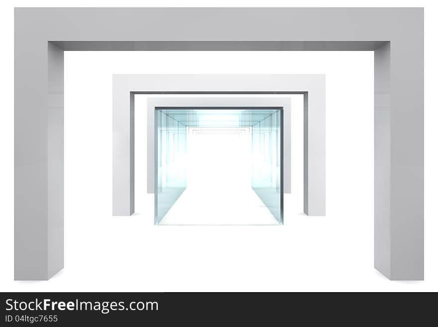 Empty glass showcase in grey room with columns