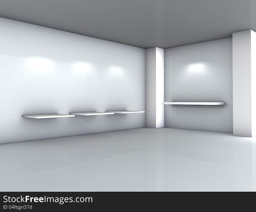 3d shelves and spotlights for exhibit in the grey interior