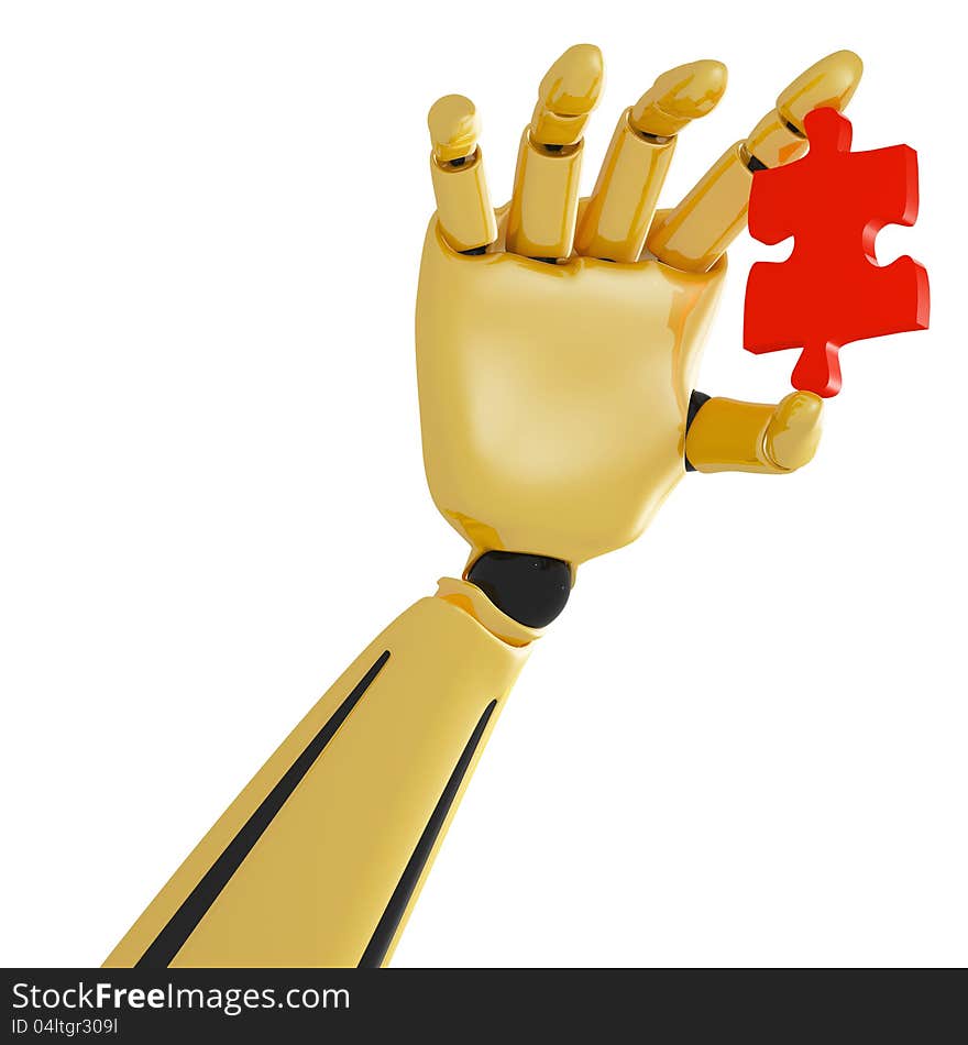 Golden robotic hand with red puzzle