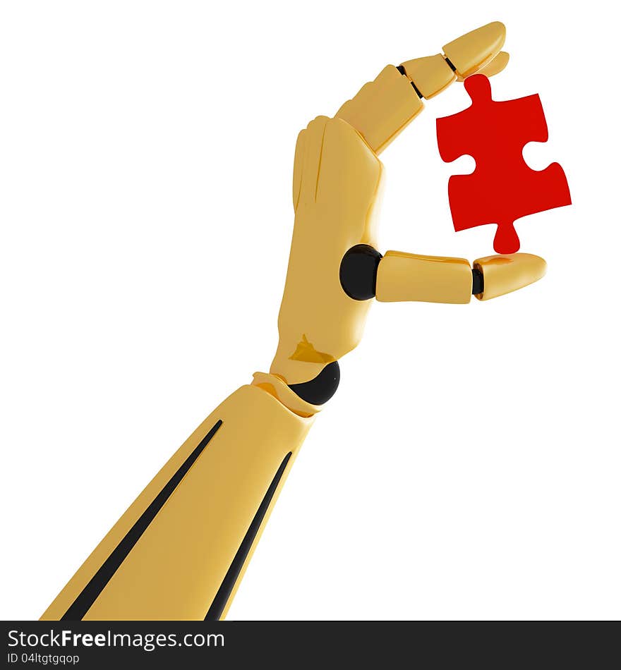 Golden robotic hand with puzzle