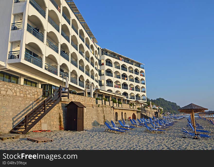 Amon Zeus hotel on the beach in Kalitheea resort in Kassandra, Greece. Amon Zeus hotel on the beach in Kalitheea resort in Kassandra, Greece