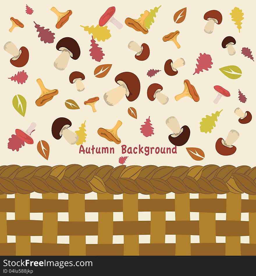 Autumn background with mushrooms, leaves and basket elements. Vector illustration