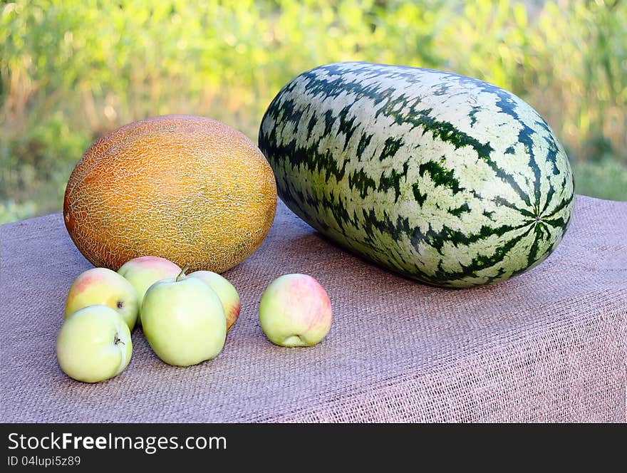 Watermelon and melon on the table in the garden