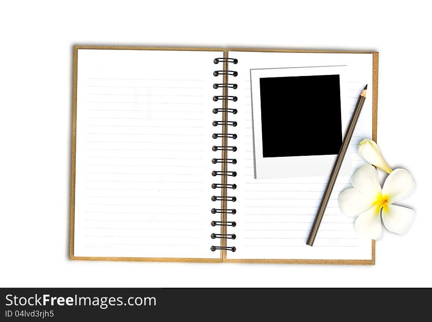 Photo frame on note book with flower, Isolated on white with clipping path