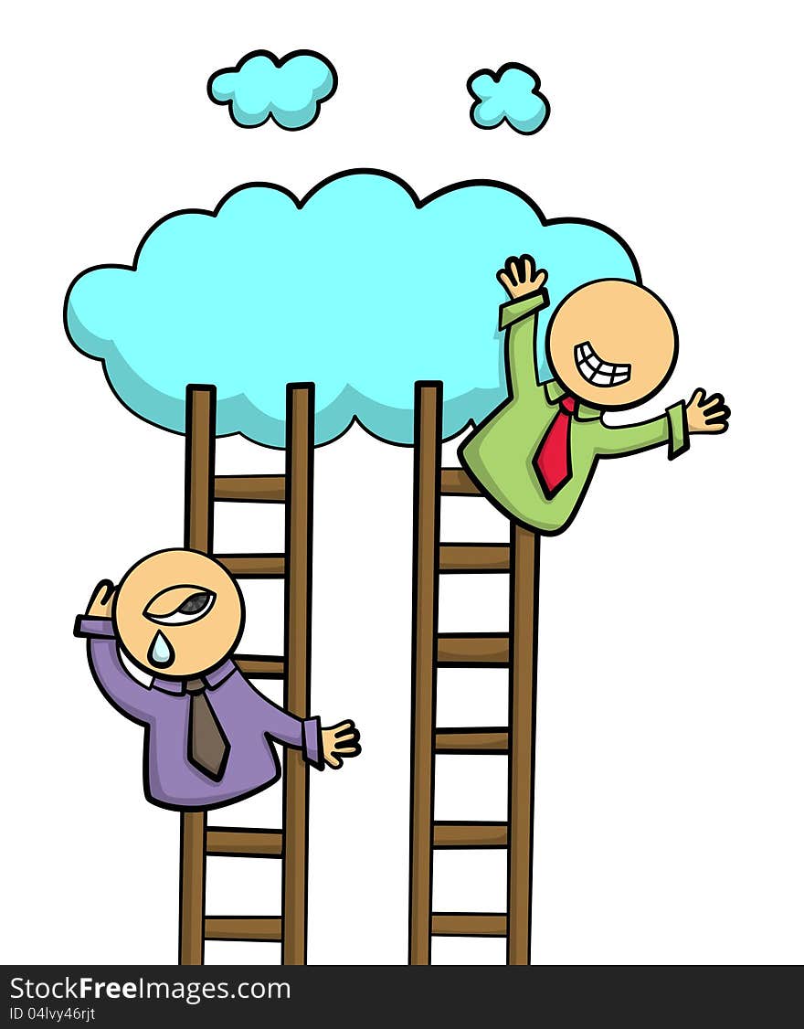 A cute illustration of two cartoon business men climbing up a ladder. A cute illustration of two cartoon business men climbing up a ladder