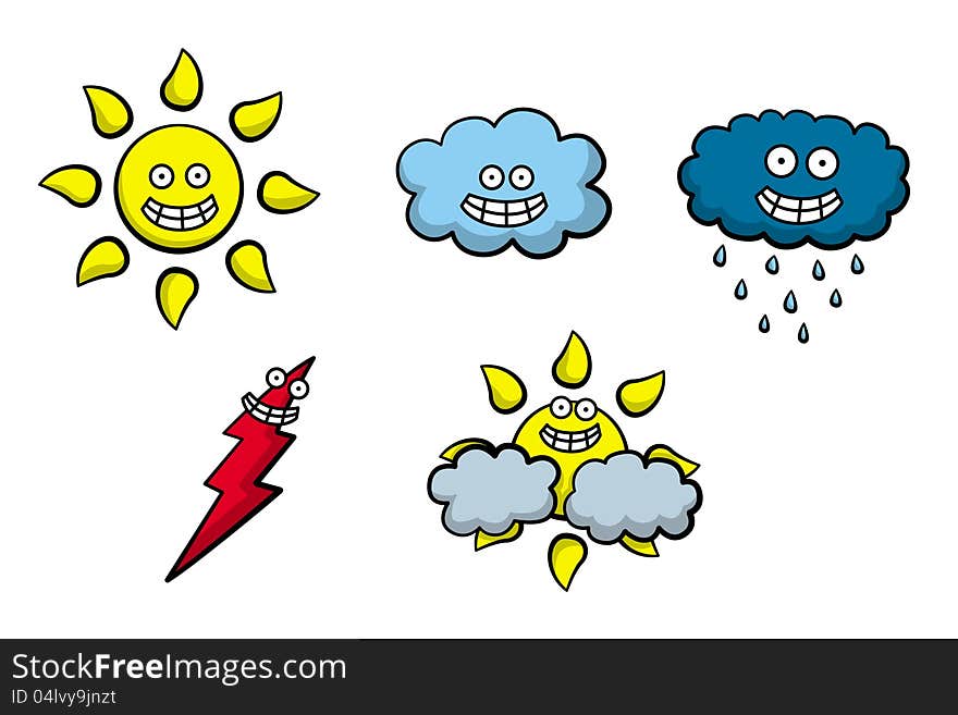 A set of different weather icons with smiling faces. A set of different weather icons with smiling faces