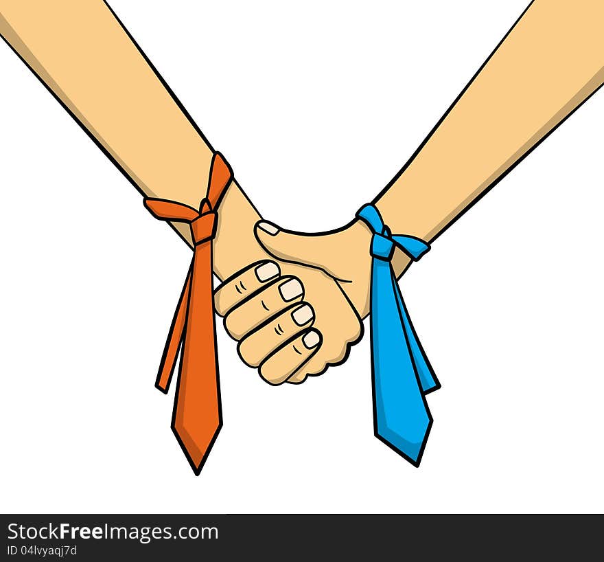 Two arms shaking hands with neckties tied on them. Two arms shaking hands with neckties tied on them