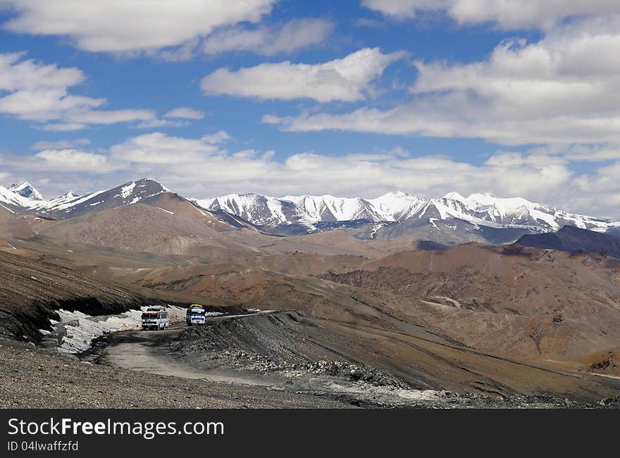 Transportation on the second highest pass in the world (5328 m). Taglangla Pass - Ladakh, Kasjmir - Northern India. Transportation on the second highest pass in the world (5328 m). Taglangla Pass - Ladakh, Kasjmir - Northern India.