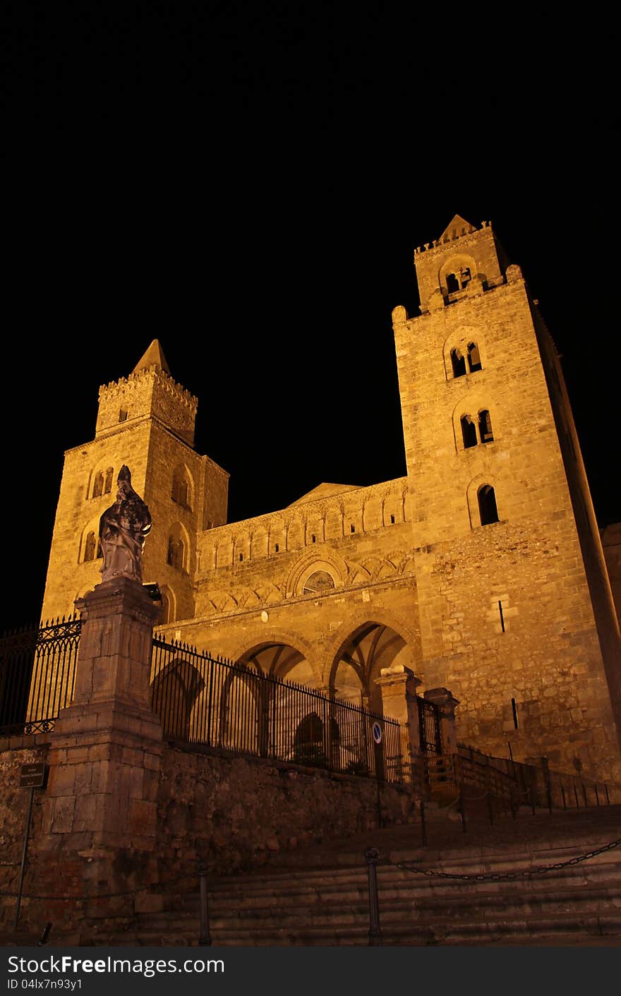 Famous cathedral of Cefalu in Sicily at night , detail taken from town square. Famous cathedral of Cefalu in Sicily at night , detail taken from town square