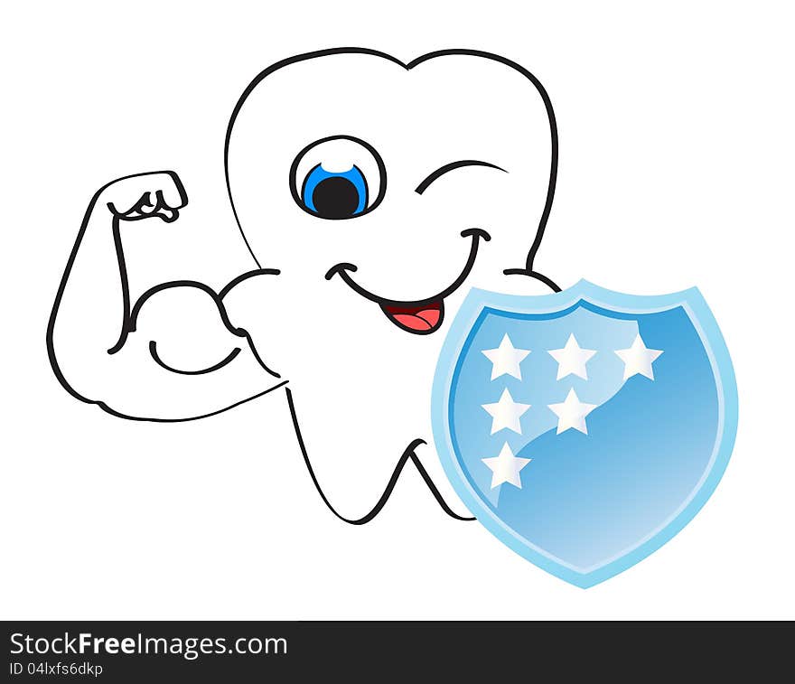 Strong tooth character with winking eye and protective shield