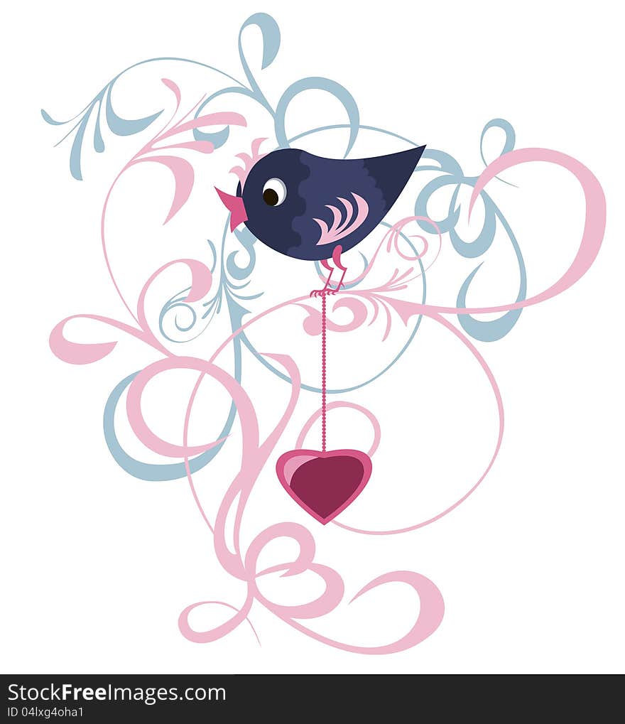 Decorative items for Valentine design with a bird and the symbolic heart. Decorative items for Valentine design with a bird and the symbolic heart.