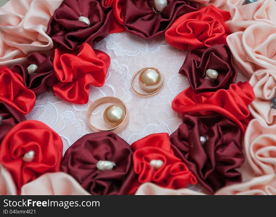 Wedding rings on a special support decorated stylized with flowers