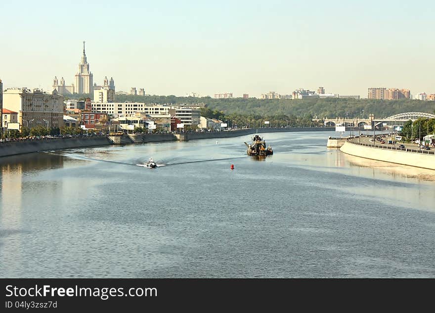 View of the Moscow River in the summer morning. View of the Moscow River in the summer morning