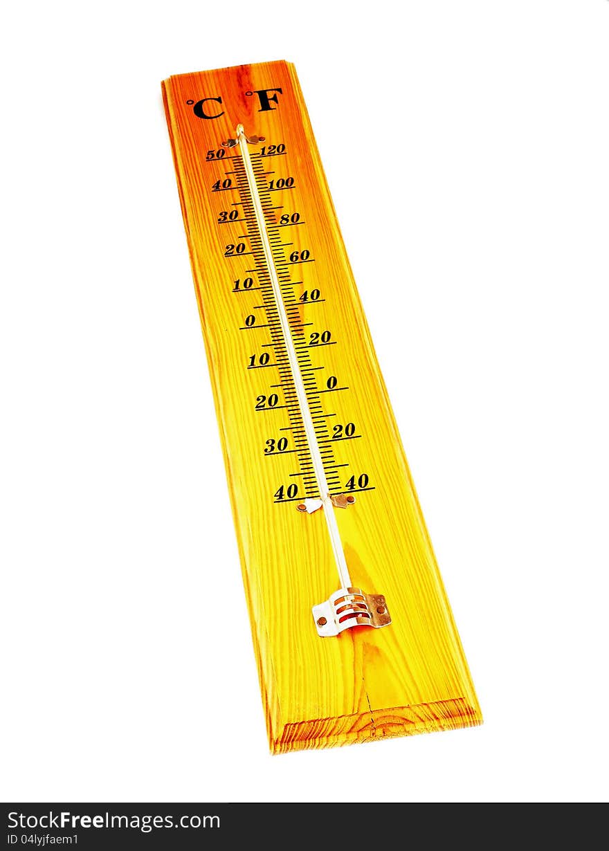 Outdoor alcohol thermometer on a wooden base to be used for hanging on the wall of the house.