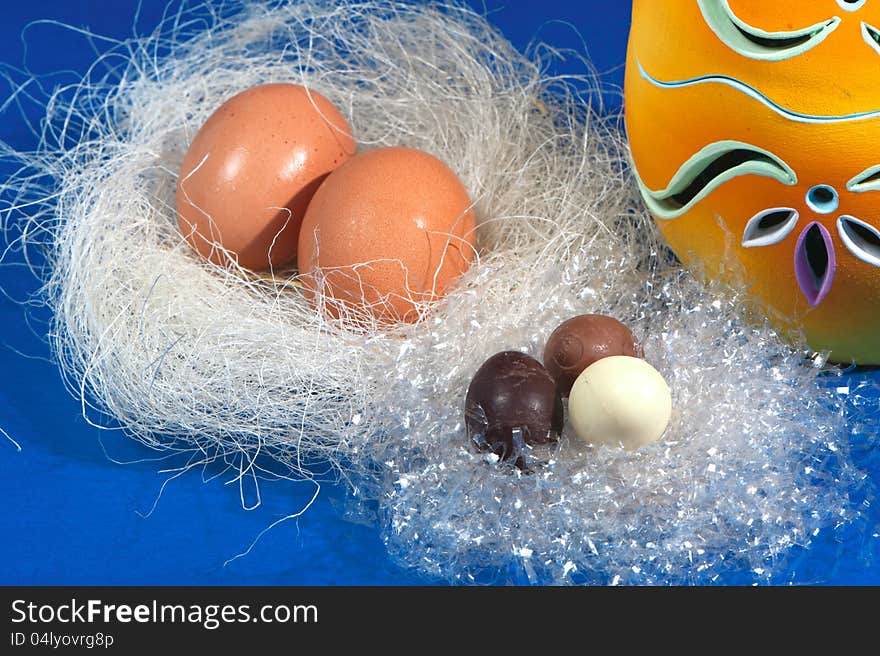 Easter eggs laid on white straw