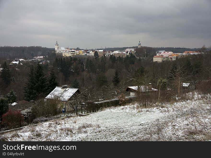 Winter landscape with a town in the winter-cloudy day. Winter landscape with a town in the winter-cloudy day