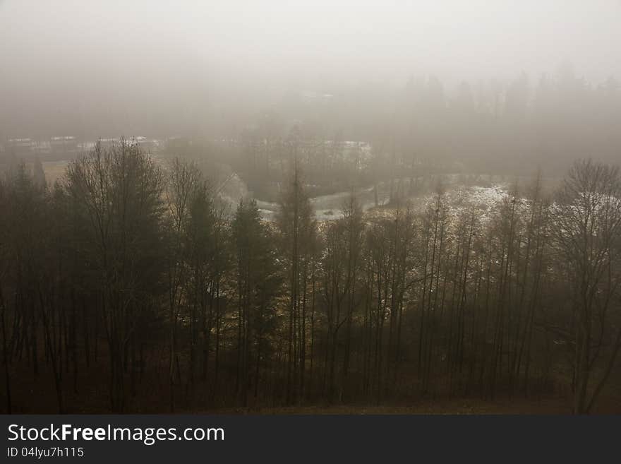 View of the valley with the river in the autumn mist, trees in fog. View of the valley with the river in the autumn mist, trees in fog