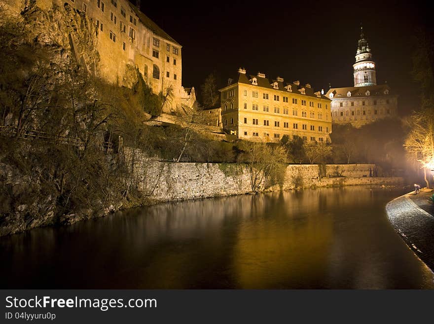 Night view of the castle to the river below. Night view of the castle to the river below