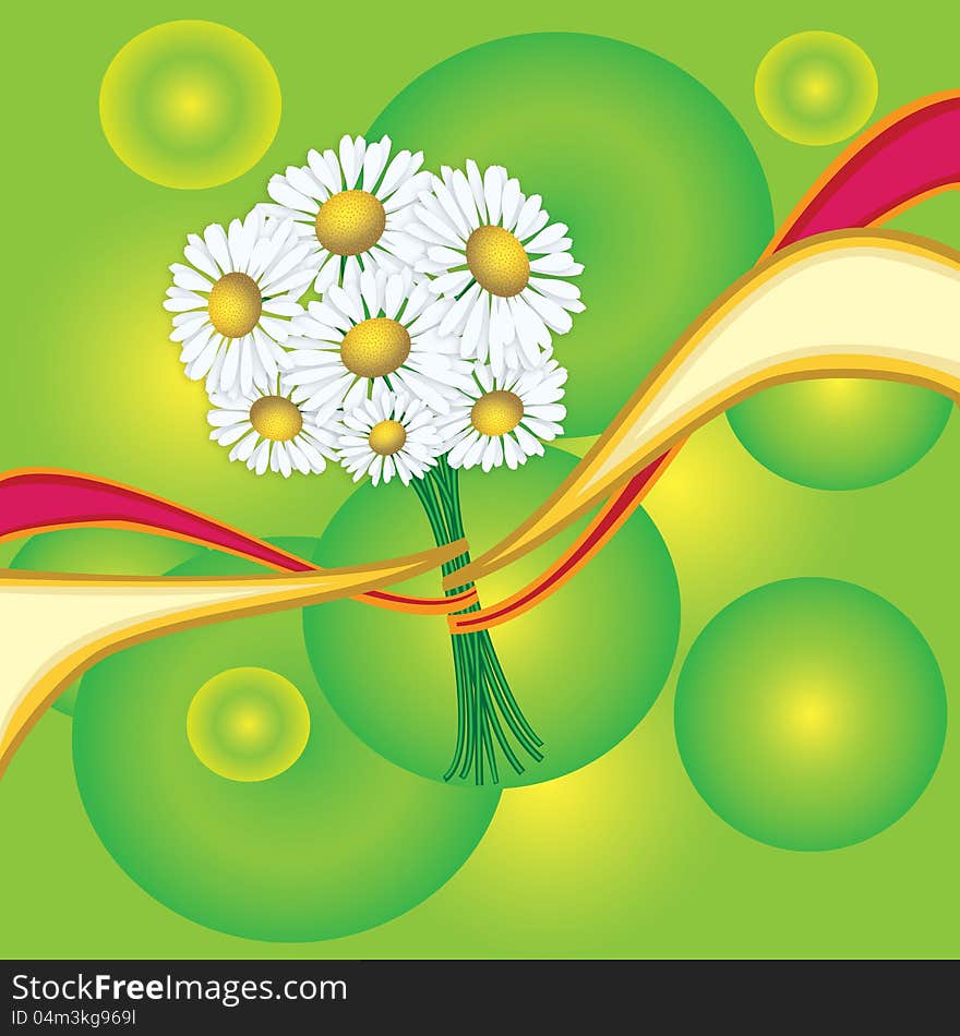 Camomile with yellow and red ribbon background. Camomile with yellow and red ribbon background