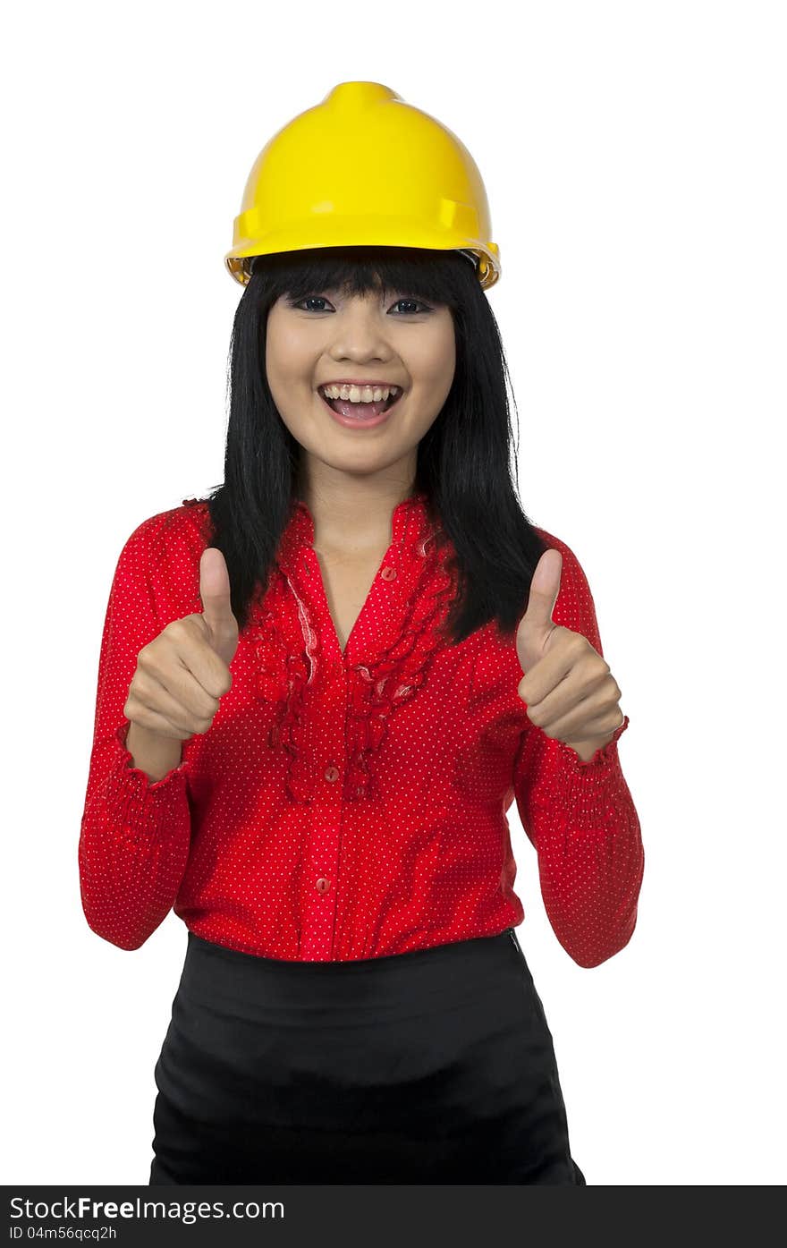 Young architect woman give thumb up isolated over white background