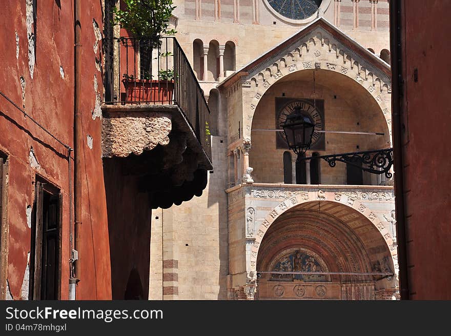 Duomo facade and street view in the medieval quarter of Verona, Veneto, Italy. Duomo facade and street view in the medieval quarter of Verona, Veneto, Italy