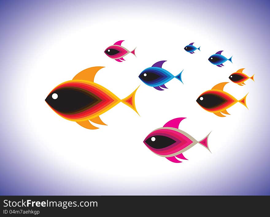 Illustration of school of colorful fishes swimming together in blue waters of ocean. The fishes are in various shades of red, orange, blue and pink colors. Illustration of school of colorful fishes swimming together in blue waters of ocean. The fishes are in various shades of red, orange, blue and pink colors.