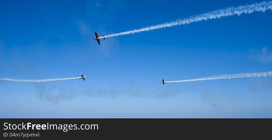 Three airplanes flying in Airshow. Three airplanes flying in Airshow