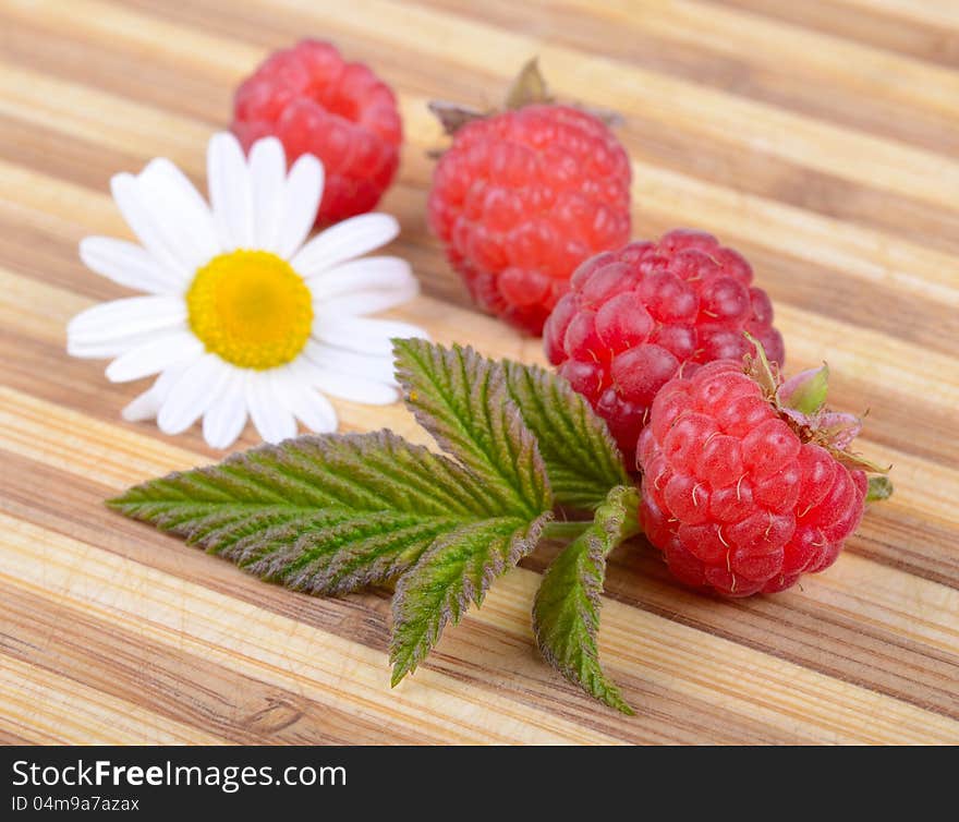 Fresh Raspberries with Leaf and Chamomile Flower